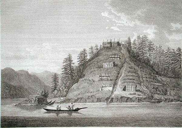 Ystävällisten intiaanien kylä Buten kanavan suulla, kaiverrus J. Landseer, n. 1790-1799 (kaiverrus) tekijältä William (after) Alexander