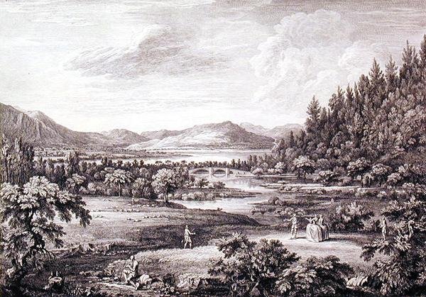 Näkymä Ullswaterista kohti Pooleyn siltaa, kaiverrus Chatelin ja Cannot (kaiverrus) tekijältä William (after) Bellers