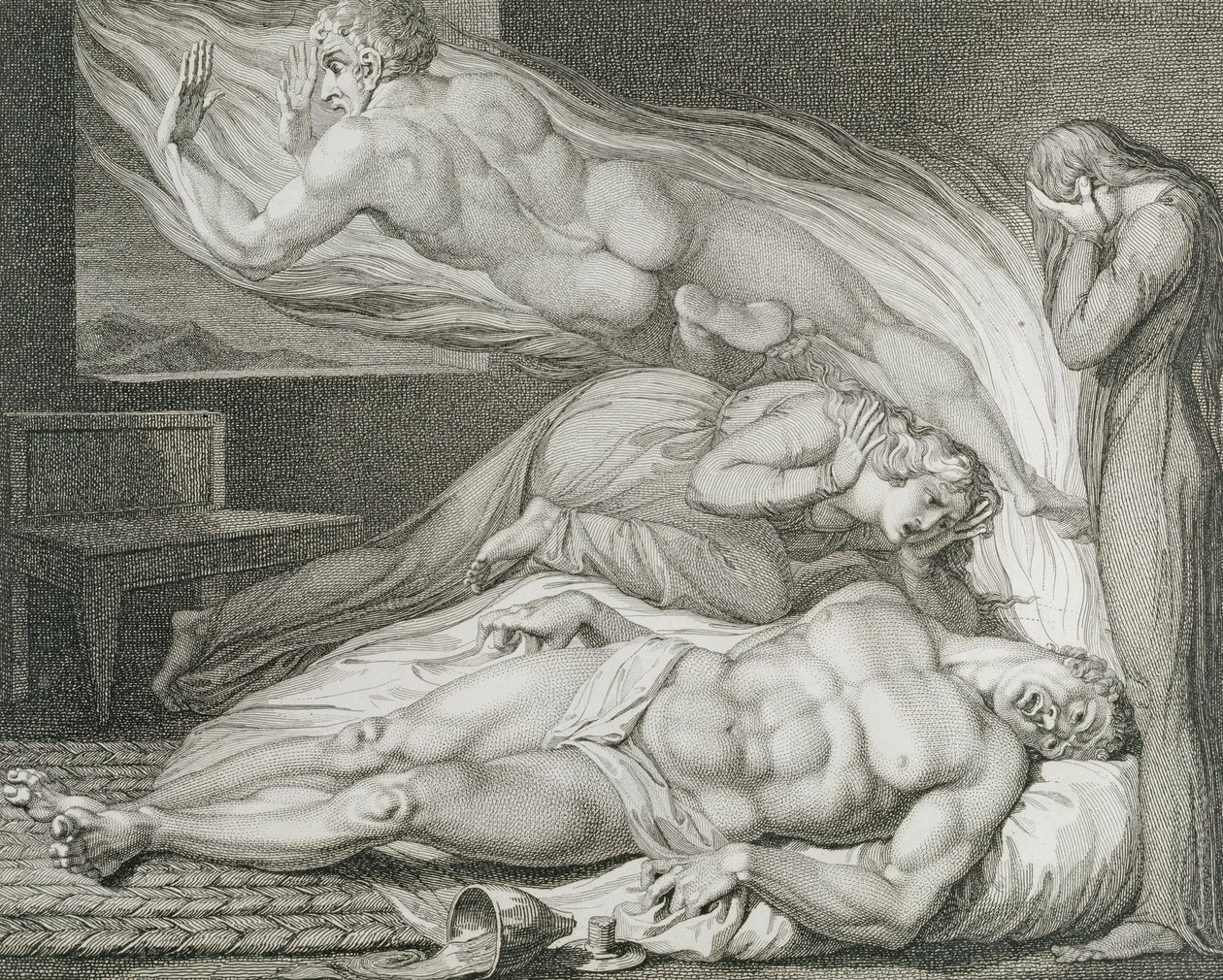 Vahvan pahan miehen kuolema, s. 6, kuvitus William Blaken (1757-1827) teoksesta "The Grave, A Poem", kaiverrus Luigi Schiavonetti (1765-1810) tekijältä William (after) Blake