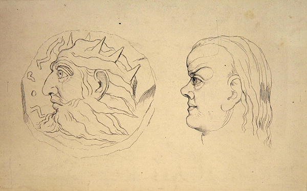 Nebukadnessarin kolikon kääntöpuoli ja Syövän pää, J. Varleyn "Treatise on Zodiacal Physiognomy", kaiverrettu John Linell tekijältä William (after) Blake
