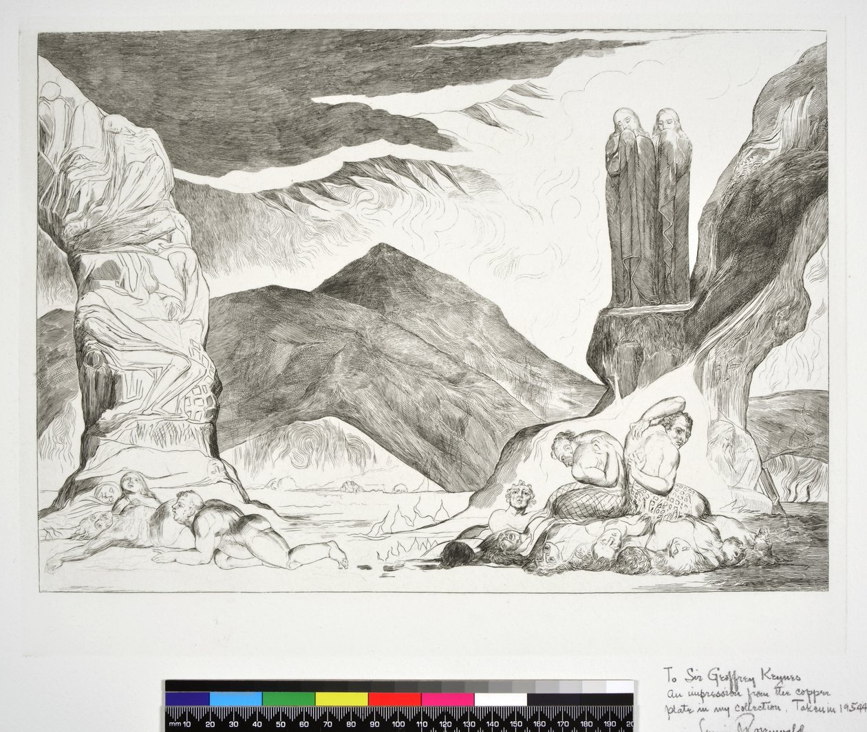 Väärentäjien ympyrä: Dante ja Virgil peittävät nenänsä hajun takia, Inferno, Canto XXIX, kuvitus Dante Alighierin jumalallisesta komediasta tekijältä William (after) Blake