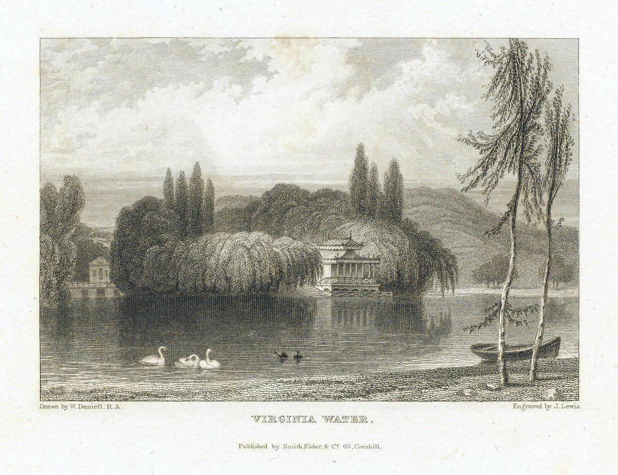 Virginia Water, Surrey-järvi (Englanti), lähellä Windsoria, näkymä puiden ympäröimästä kiinalaisesta paviljongista järven keskellä olevalla saarella. J. Lewisin kaiverrus William Daniellin (1769-1837) mukaan. tekijältä William (after) Daniell