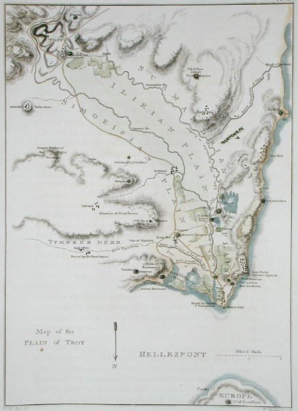 Troijan tasangon kartta teoksesta "Troijan ja sen lähialueen topografia", kaivertanut Thomas Medland (1755-1823), julkaistu 1804 (värinen kaiverrus) tekijältä William (after) Gell