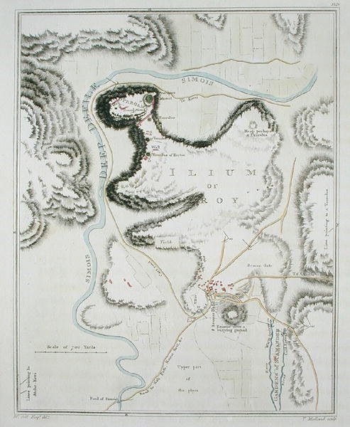 Troijan kaupungin suunnitelma teoksesta "Troijan ja sen lähialueen topografia", kaivertanut Thomas Medland (1755-1823), julkaistu 1804 (värikaiverrus) tekijältä William (after) Gell