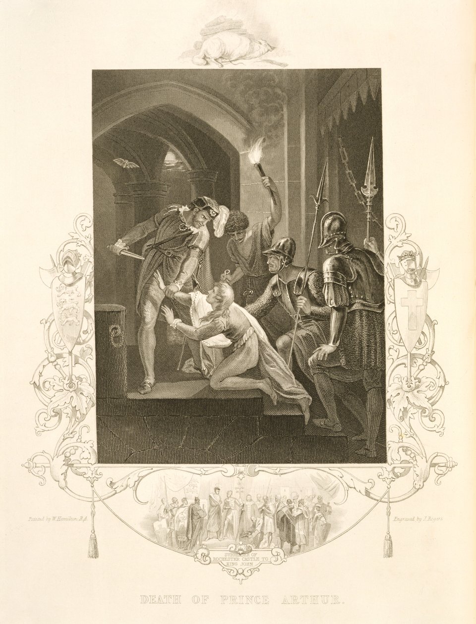 Prinssi Arthurin kuolema, William Shakespearen (1564-1616) teoksessa King John, J. Rogersin kaiverrus (kaiverrus) tekijältä William (after) Hamilton