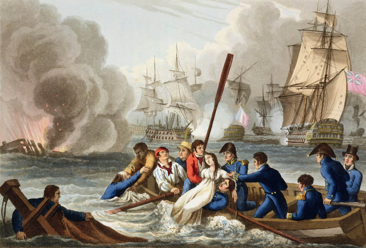Anekdootti Trafalgarin taistelusta, kaiverrettu Matthew Dubourg (fl.1813-20) julkaisusta Historic, Military and Naval Anekdootit, pub. kirjoittanut Edward Orme (1774-n. 1820) 1817 (akvatinta) tekijältä William (after) Heath
