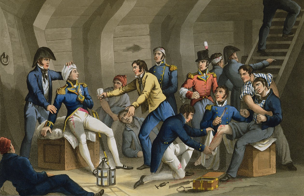 Ohjaamo, Niilin taistelu, jossa näkyy taistelussa haavoittunut Nelson. Kaiverrus Matthew Dubourg (fl.1813-20) pubista Historic, Military and Naval Anekdootit. kirjoittanut Edward Orme (1774-n. 1820) 1817 (akvatinta) tekijältä William (after) Heath
