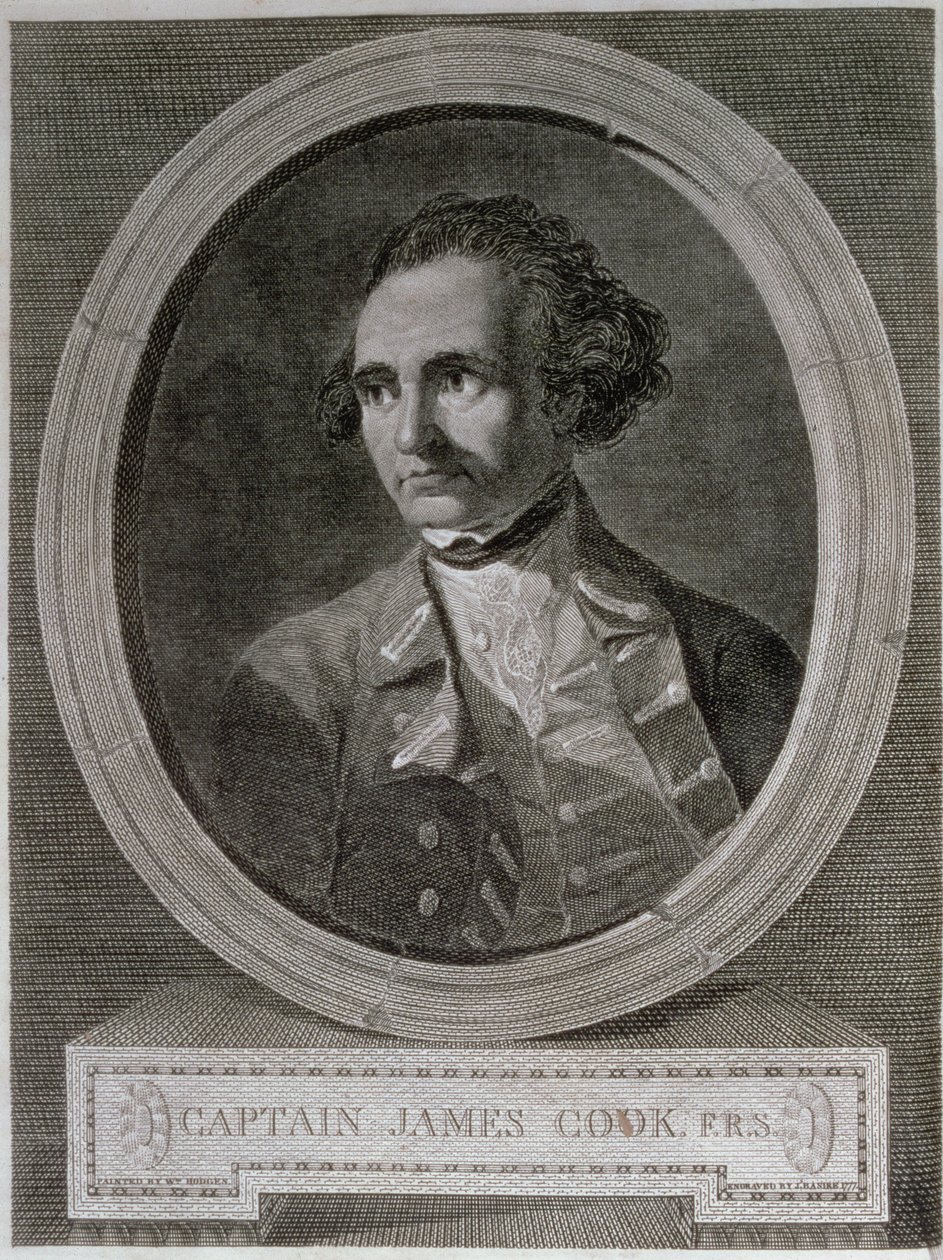 Kapteeni James Cookin (1728-79) muotokuva "Matka maailman ympäri etelänavalle" -elokuvan edestä (kaiverrus) tekijältä William (after) Hodges