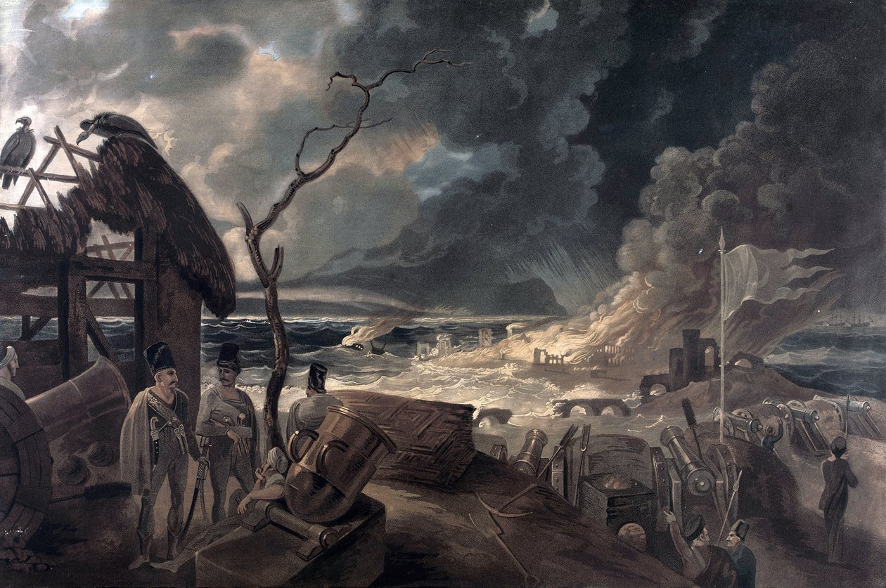Sodan seuraukset, kohtaus, jossa on sotilaita ja tykkejä. William Hodgesin (1744-1797) maalaukseen perustuva värituloste. tekijältä William (after) Hodges