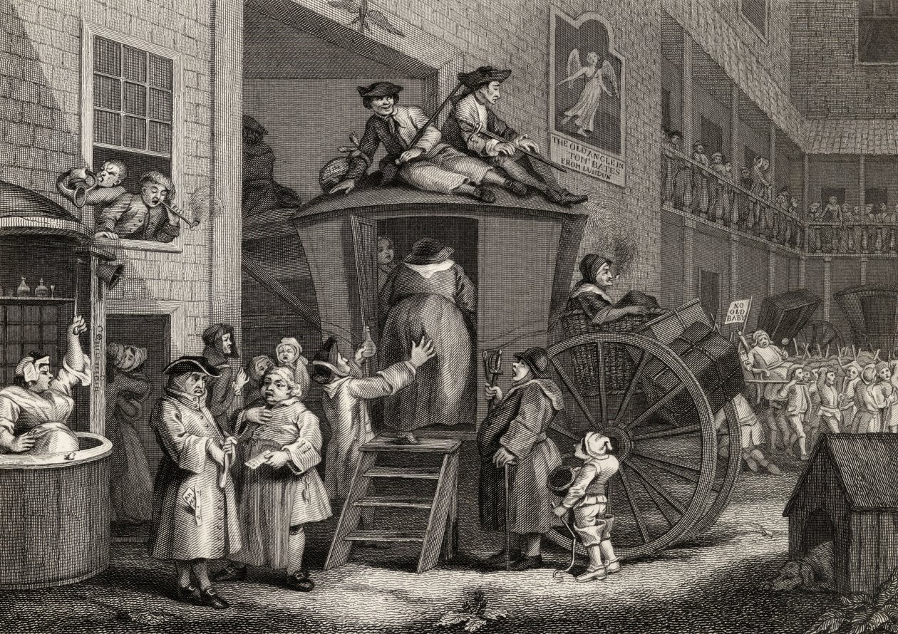 Country Inn Yard, kaiverrettu Timothy Engleheart (1803-79) teoksesta "The Works of Hogarth", julkaistu 1833 (litho) tekijältä William (after) Hogarth