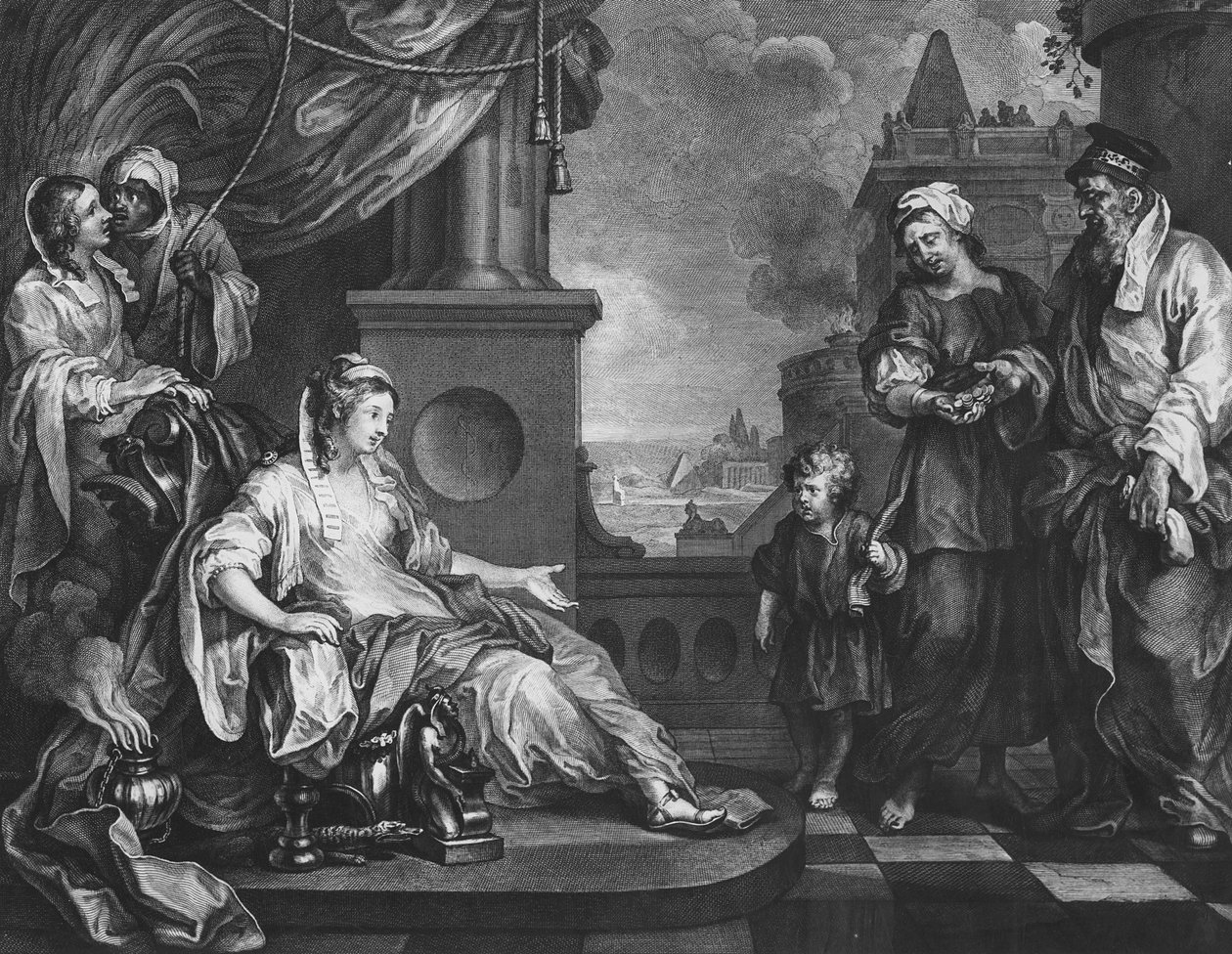 Mooses tuotu faraon tyttärelle, n.1752 (kaiverrus) tekijältä William (after) Hogarth