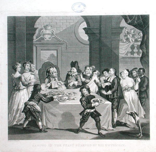 Sancho at the Feast, jota lääkärinsä näki nälkään, kaiverrus Thomas Cook (1744-1818) (kaiverrus) tekijältä William (after) Hogarth