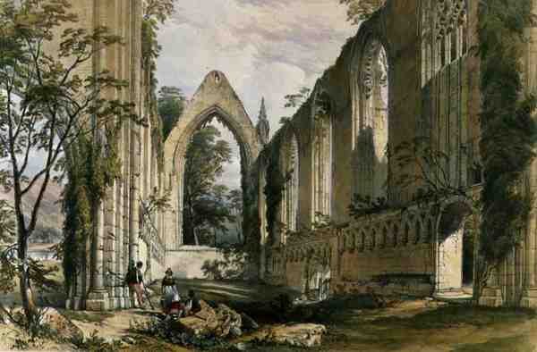 Bolton Abbey, kuoron sisustus, teoksesta The Monastic Ruins of Yorkshire, kaiverrus George Hawkins (1819-52) tekijältä William (after) Richardson