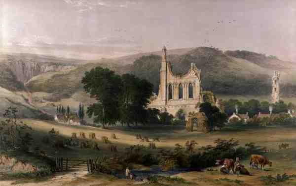 Byland Abbey lounaasta, kuvasta "The Monastic Ruins of Yorkshire", kaiverrettu George Hawkinsin (1819-52) toimesta. tekijältä William (after) Richardson