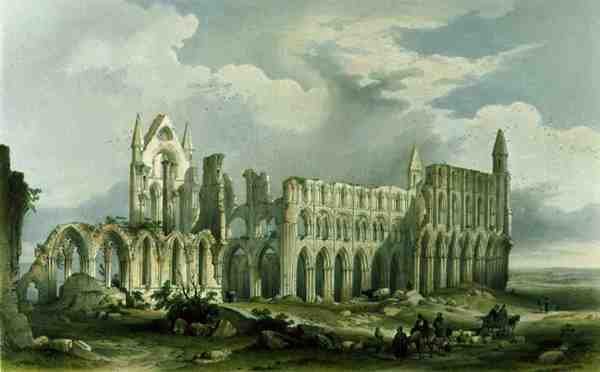 Whitby Abbey lounaasta, teoksesta "Yorkshiren luostarin rauniot", kaivertanut George Hawkins (1819-52) tekijältä William (after) Richardson