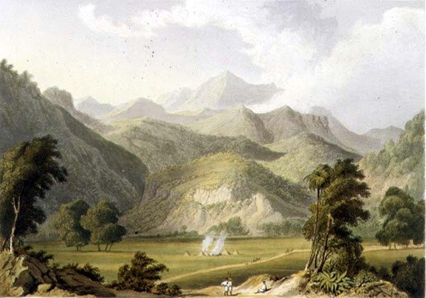 Approach to the Bore Ghaut, everstiluutnantti Johnsonin maalauksesta, kaiverrus T. Fielding ja värittänyt J.B. Hogarth (litho) tekijältä William (after) Westall