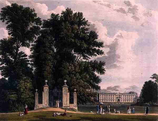 Sisäänkäynti Avenuelle Clare Hall Piecen (kuninkaiden uusi rakennus), Cambridge, "Cambridgen historiasta", kaivertanut Joseph Constantine Stadler (fl.1780-1812), pub. kirjoittanut R. Ackermann tekijältä William (after) Westall