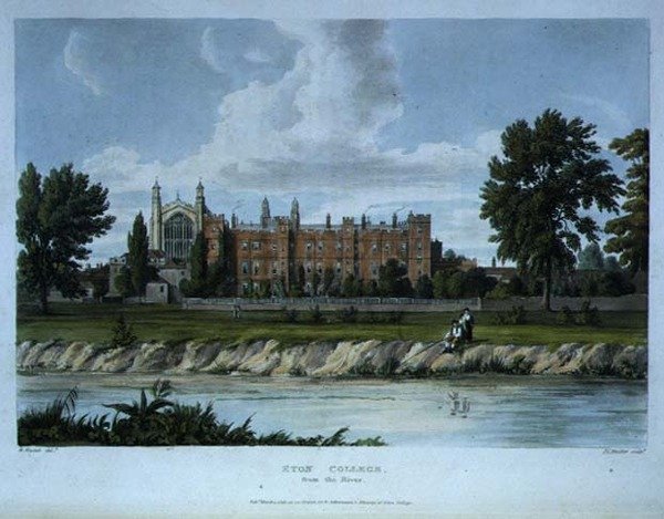 Eton College from the River, "History of Eton Collegesta", osa "History of the Colleges", kaiverrettu Joseph Constantine Stadler (fl.1780-1812) pub. Kirjailija: R. Ackermann tekijältä William (after) Westall