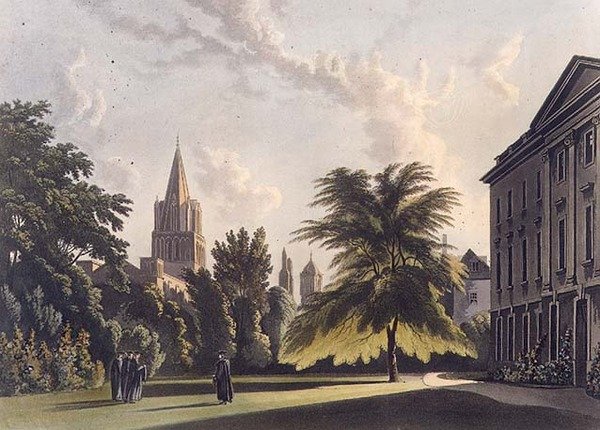Corpus Christi Collegen ja Christ Churchin katedraalin ulkopuoli, kuvitus "History of Oxfordista", kaivertanut Joseph Constantine Stadler (fl.1780-1812) pub. kirjoittanut R. Ackermann tekijältä William (after) Westall