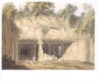 Bombayn lähellä sijaitsevan Elephantan suuren luolatemppelin ulkoasu vuonna 1803, teoksen "Scenery, Costumes and Architecture of India" (Intian maisemat, puvut ja arkkitehtuuri) niteestä II, kaiverrettu S.G. Hughes, julkaisija Smith, Elder and Company. tekijältä William (after) Westall