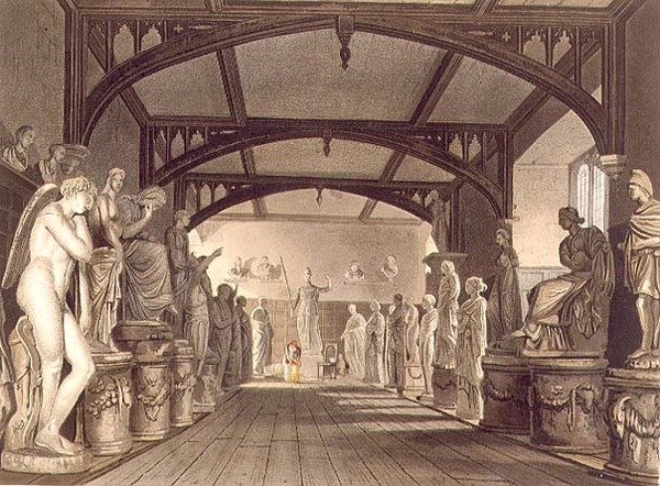 Patsasgalleria, kuvitus "History of Oxfordista", kaivertanut Frederick Christian Lewis (1779-1856) pub. kirjoittanut R. Ackermann tekijältä William (after) Westall