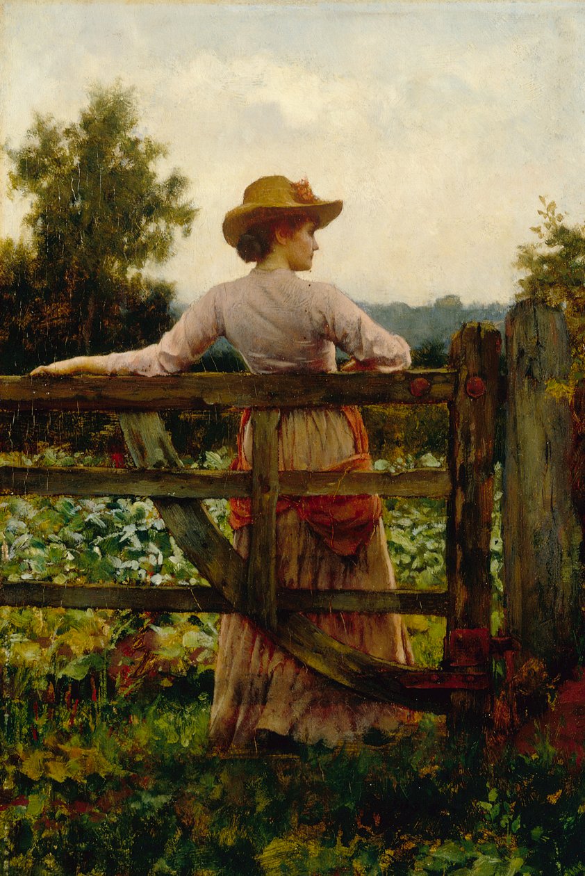 Kokeilupaikka, nainen nojaa portille (öljy paneelissa) tekijältä William A. Breakspeare