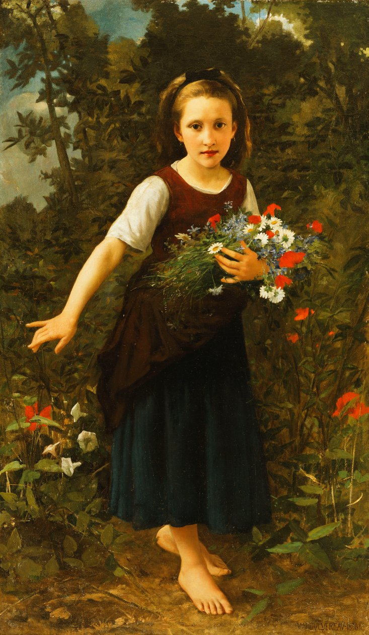 Pikkutyttö puron rannalla, kädessään kukkanippu, 1886 tekijältä William Adolphe Bouguereau