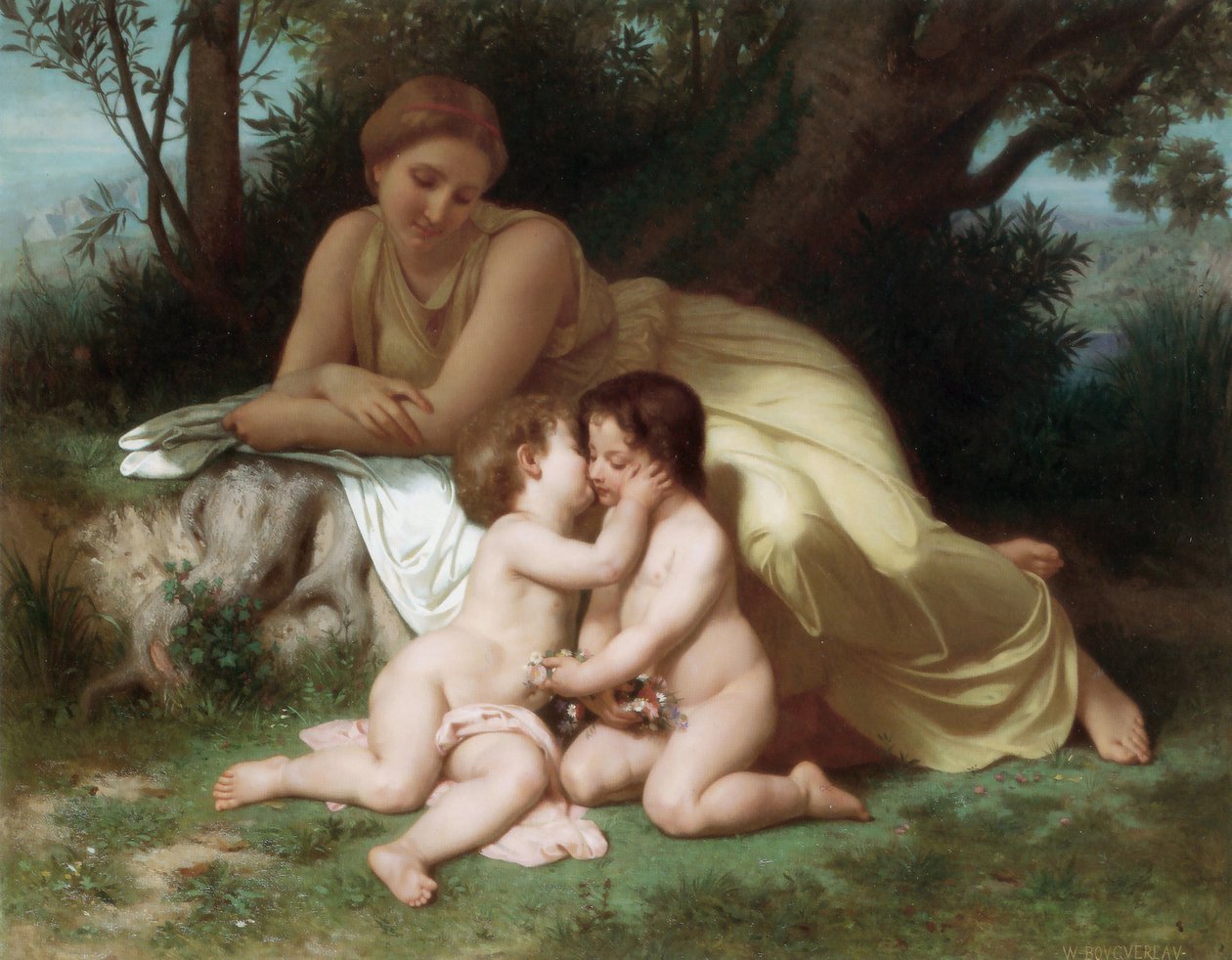 Nuori nainen miettii kaksi syleilevää lasta tekijältä William Adolphe Bouguereau