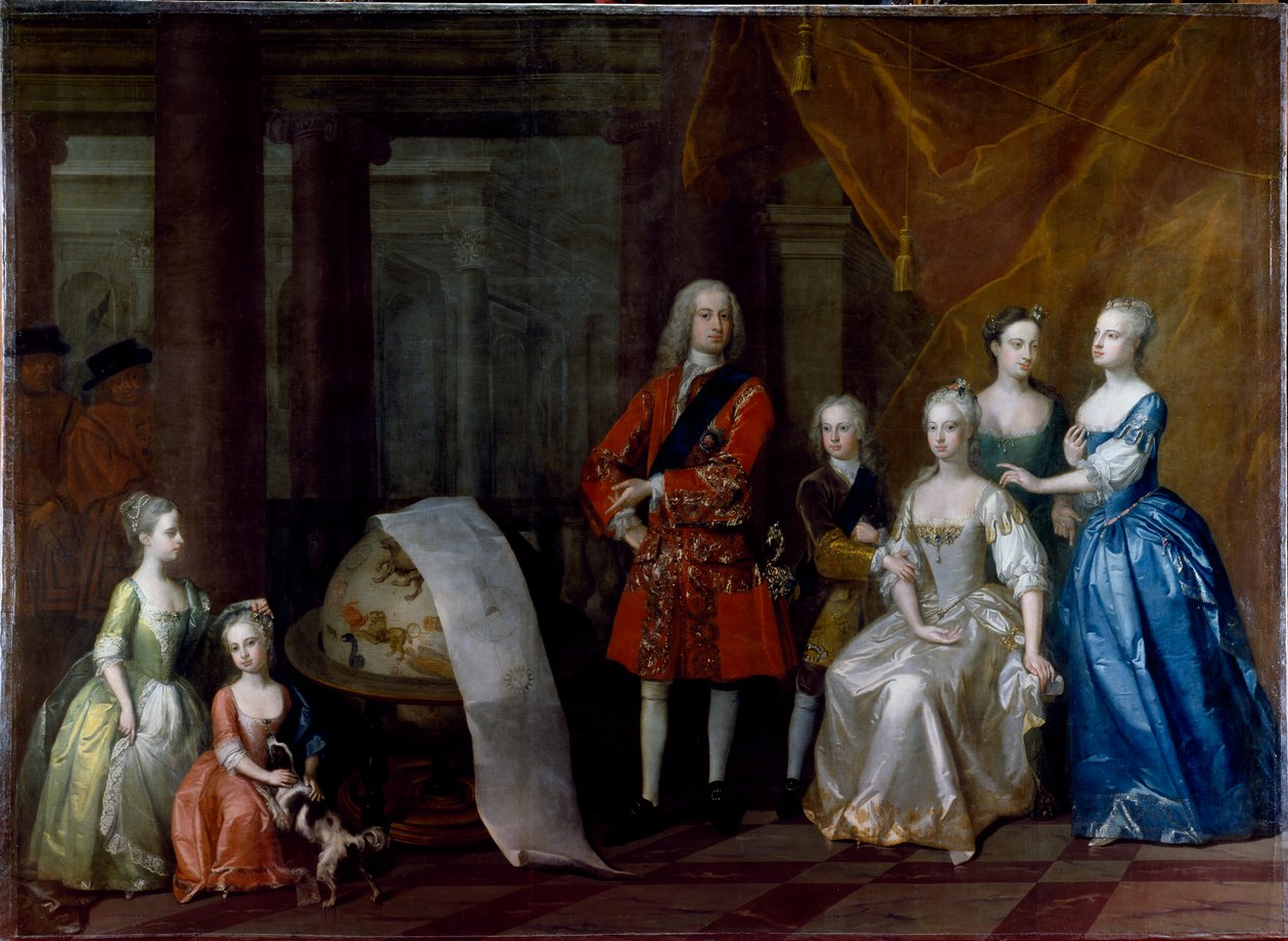 Retrat de grup de Frederic, príncep de Gal·les, amb el seu germà el duc de Cumberland i les seves cinc germanes finlandeses tekijältä William Aikman