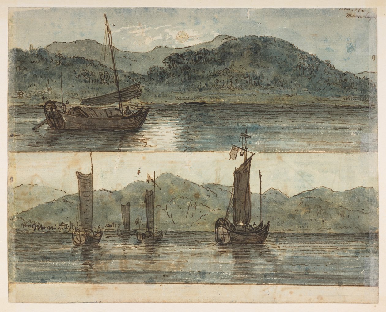146v River kohtaus. "Moonlight 17. marraskuuta."  , albumista, jossa on 372 piirustusta maisemista, rannikoista, pukuista ja arjesta, jotka on tehty Lord Macartneyn Kiinan keisarin suurlähetystön aikana vuosina 1792–1794 (kynä ja akvarelli paperille) tekijältä William Alexander