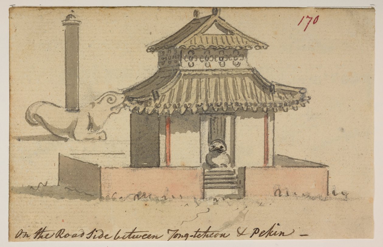 170 temppeli "tien puolella Tong-tcheonin ja Pekinin välillä".  , albumista, jossa on 372 piirustusta maisemista, rannikoista, pukuista ja arjesta, jotka on tehty Lord Macartneyn Kiinan keisarin suurlähetystön aikana vuosina 1792–1794 (kynä ja akvarelli pa tekijältä William Alexander