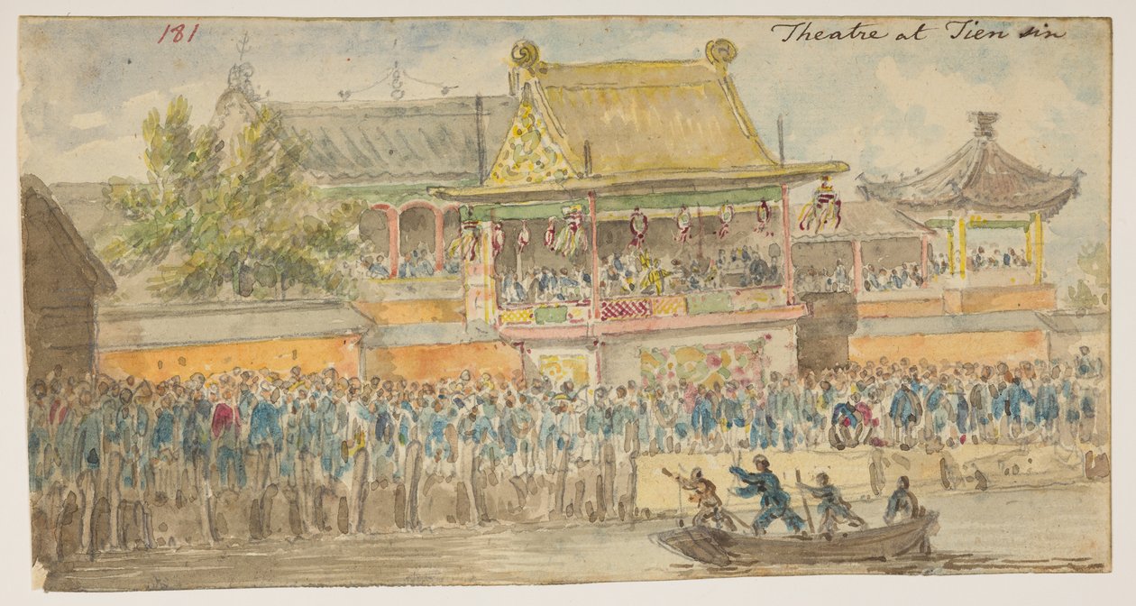181 "Theatre at Tien sin."  , albumista, jossa on 372 piirustusta maisemista, rannikoista, pukuista ja arjesta, jotka on tehty Lord Macartneyn Kiinan keisarin suurlähetystön aikana vuosina 1792–1794 (kynä ja akvarelli paperille) tekijältä William Alexander