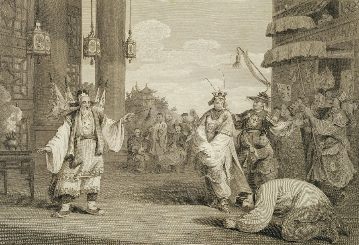 Kohtaus historiallisessa näytelmässä, joka on näytteillä kiinalaisella näyttämöllä, kaiverrettu James Heathin (1757-1834) pubin toimesta. kirjoittanut G. Nicol, 1796 tekijältä William Alexander