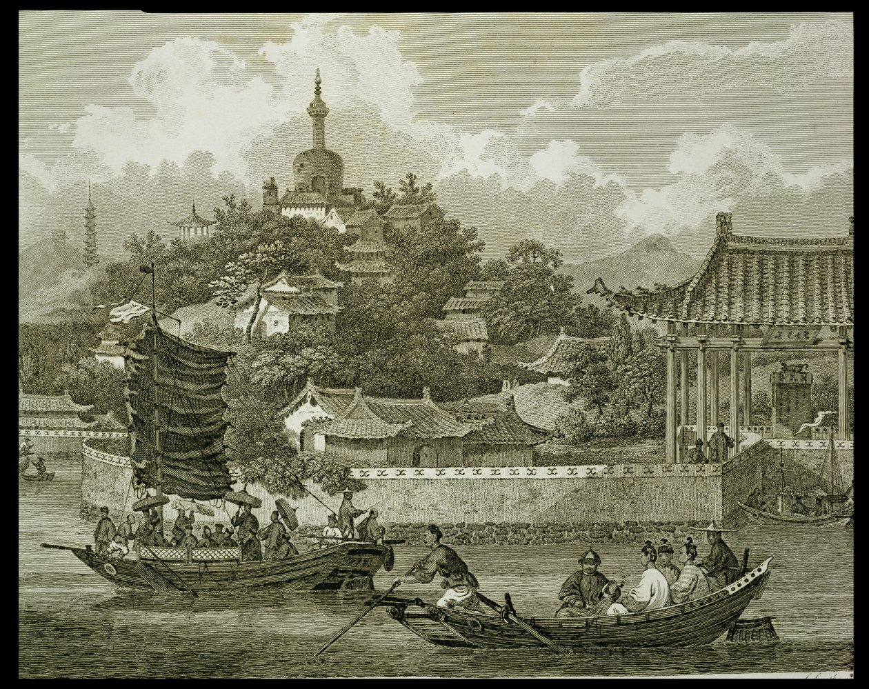 Näkymä keisarillisen palatsin puutarhaan, Peking, yksityiskohta, kaiverrus Samuel Smith, pubi. kirjoittanut G. Nicol, 1796 tekijältä William Alexander