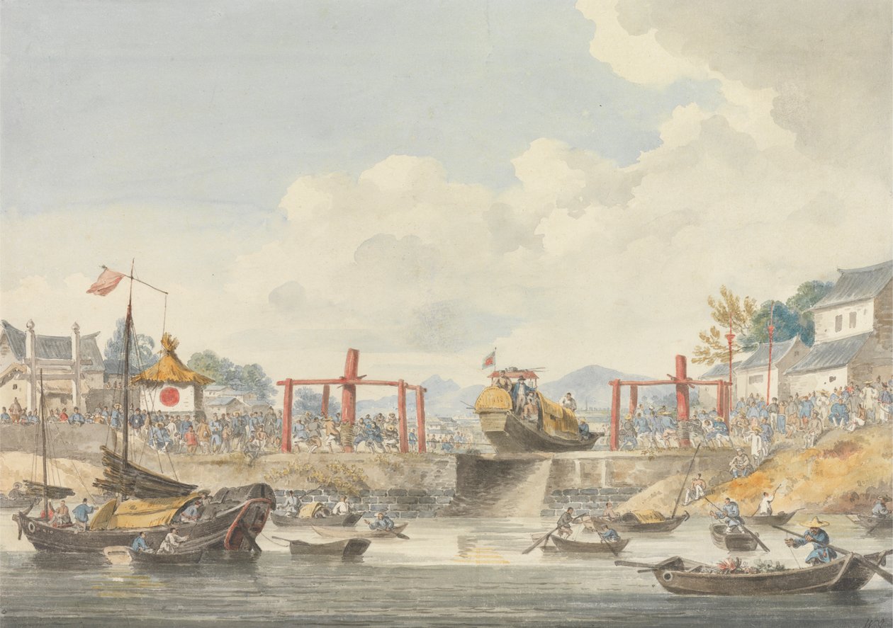Suurlähetystön proomuja nostetaan kanavasta toiseen matkalla Han-Tcheou-Foosta Tchu-Saniin, 16. marraskuuta 1793 tekijältä William Alexander