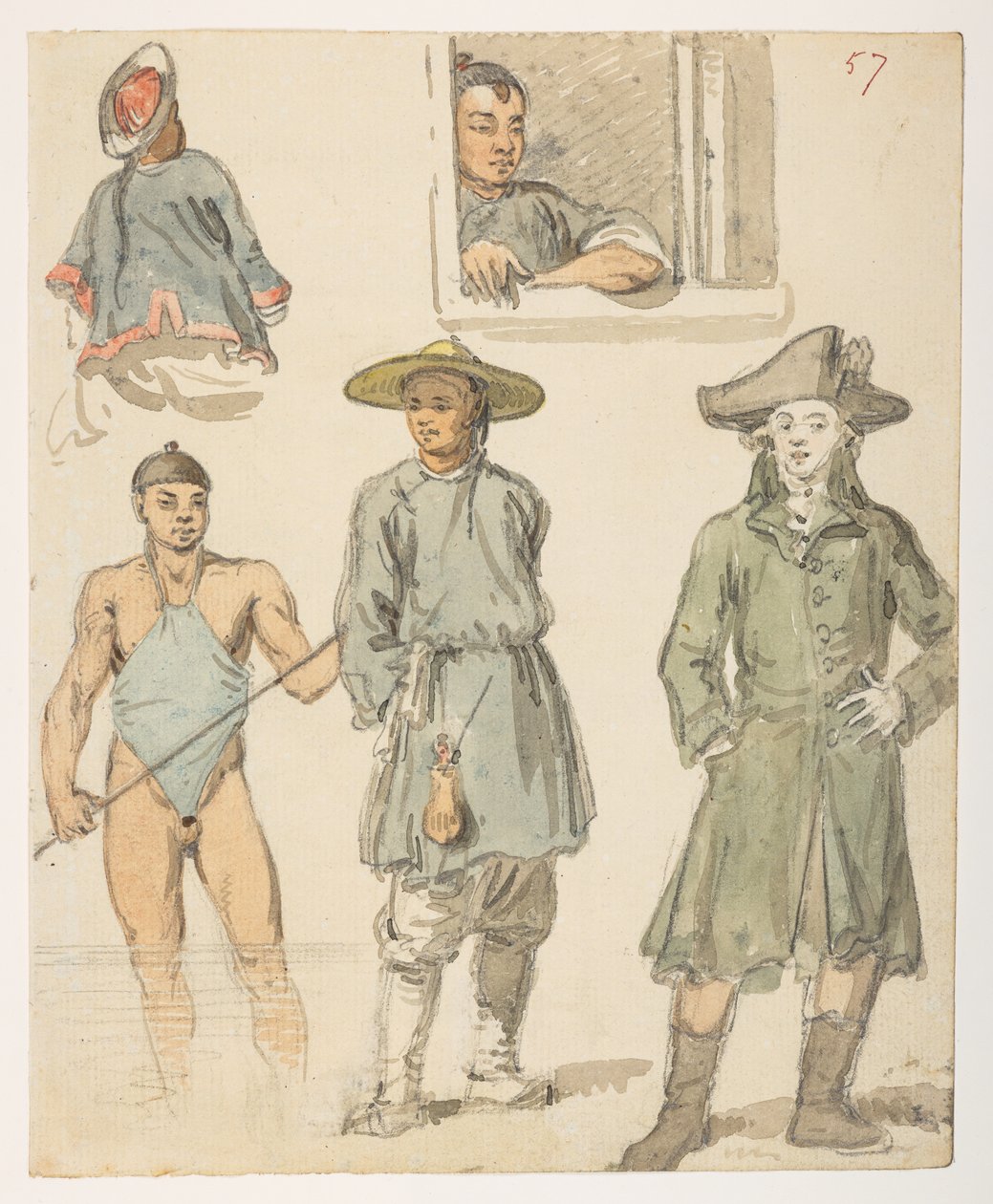 f.11 57 Kiinan kielen opinnot,  Albumilta, jossa on 372 piirustusta maisemista, rannikoista, pukuista ja arjesta, jotka on tehty Lord Macartneyn Kiinan keisarin suurlähetystön aikana vuosina 1792–1794 (kynä ja akvarelli paperille) tekijältä William Alexander