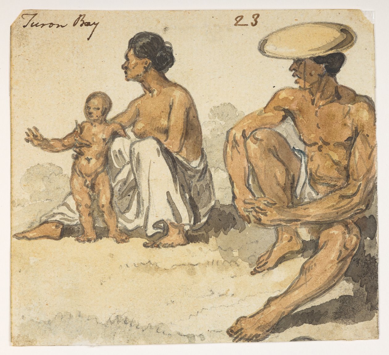 f.4 23 Mies, nainen ja Turon Bayn lapsi.  Albumilta, jossa on 372 piirustusta maisemista, rannikoista, pukuista ja arjesta, jotka on tehty Lord Macartneyn Kiinan keisarin suurlähetystön aikana vuosina 1792–1794 (kynä ja akvarelli paperille) tekijältä William Alexander