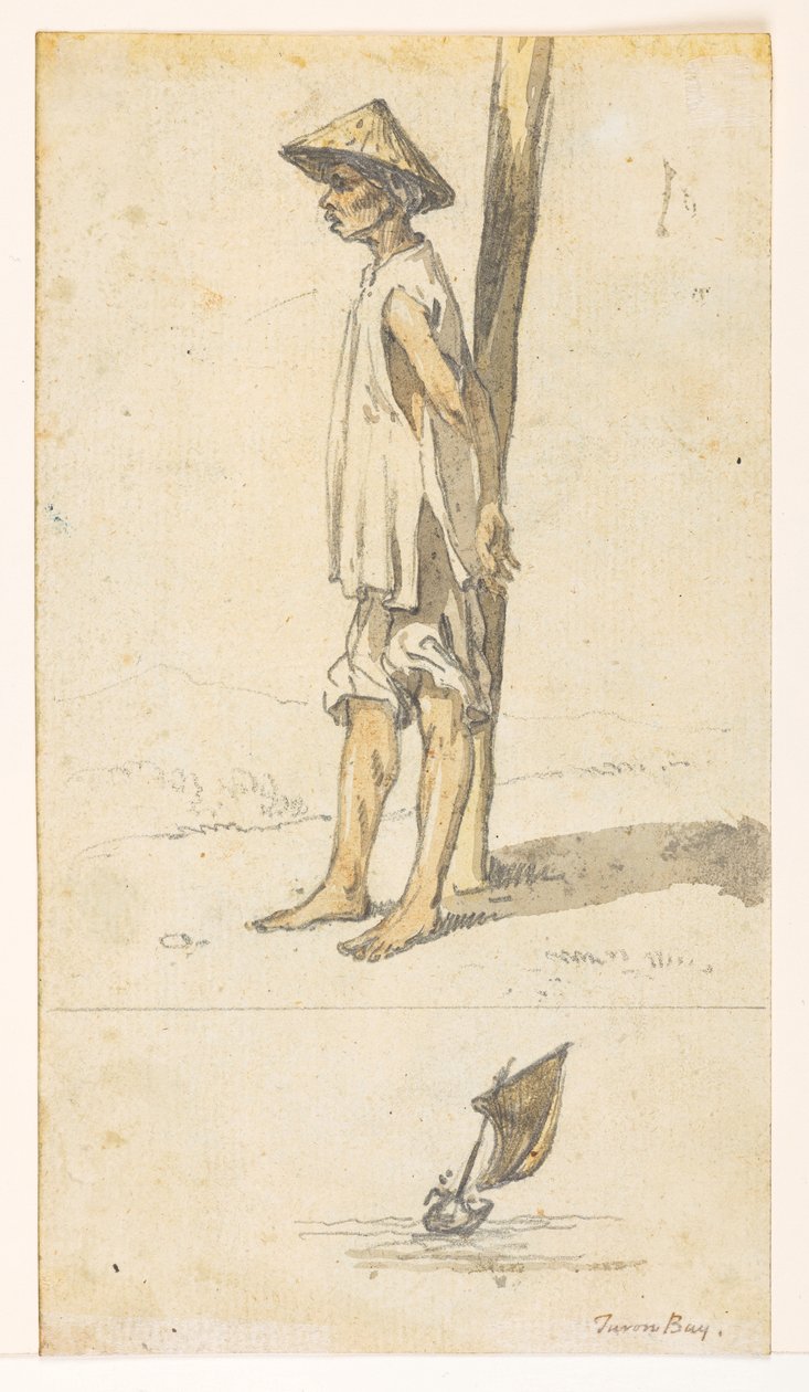 f.5 32v Nuori mies nojaa puuhun;vene. "Turon Bay."  Albumilta, jossa on 372 piirustusta maisemista, rannikoista, pukuista ja arjesta, jotka on tehty Lord Macartneyn Kiinan keisarin suurlähetystön aikana vuosina 1792–1794 (kynä & akvarelli sivulla tekijältä William Alexander