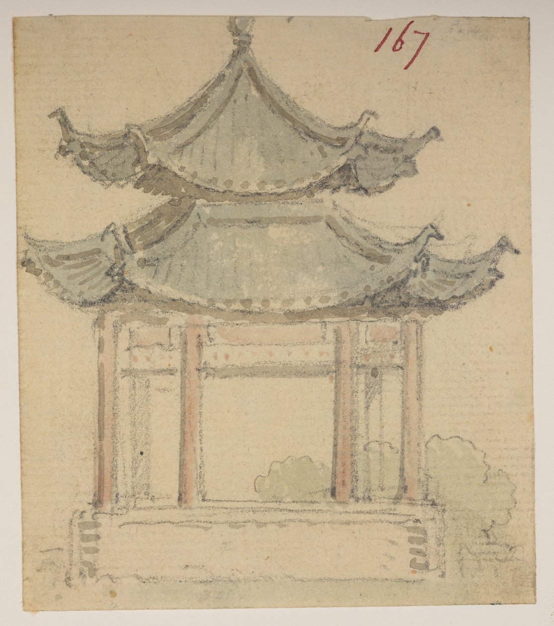 f.63 167 Temppeli.  , albumista, jossa on 372 piirustusta maisemista, rannikoista, pukuista ja arjesta, jotka on tehty Lord Macartneyn Kiinan keisarin suurlähetystön aikana vuosina 1792–1794 (kynä ja akvarelli paperille) tekijältä William Alexander