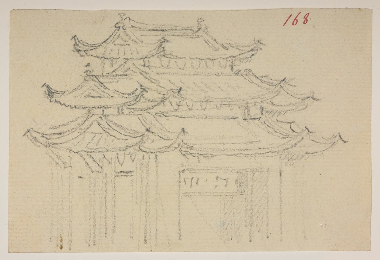 f.63 168 Temppelit.  , albumista, jossa on 372 piirustusta maisemista, rannikoista, pukuista ja arjesta, jotka on tehty Lord Macartneyn Kiinan keisarin suurlähetystön aikana vuosina 1792–1794 (kynä ja akvarelli paperille) tekijältä William Alexander