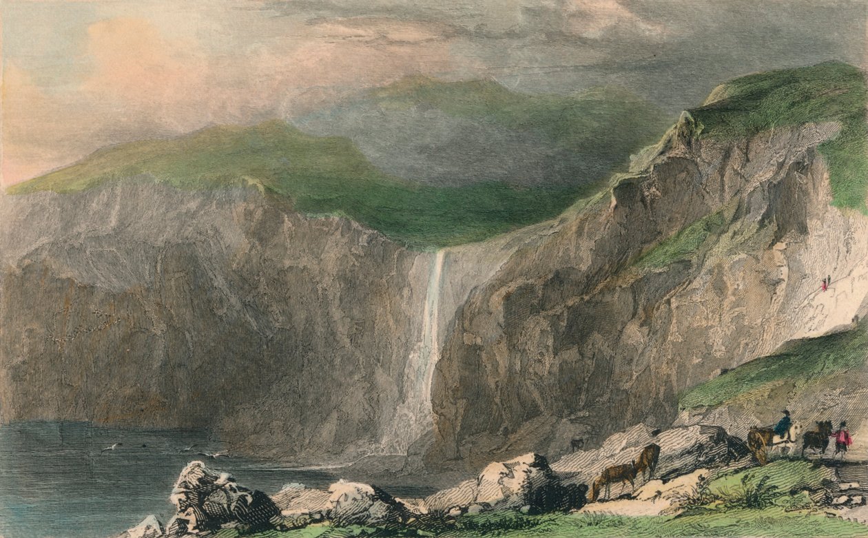 "Waterfall & Stone Quarry, lähellä Boscastlea", 1832 tekijältä William Alexander Le Petit