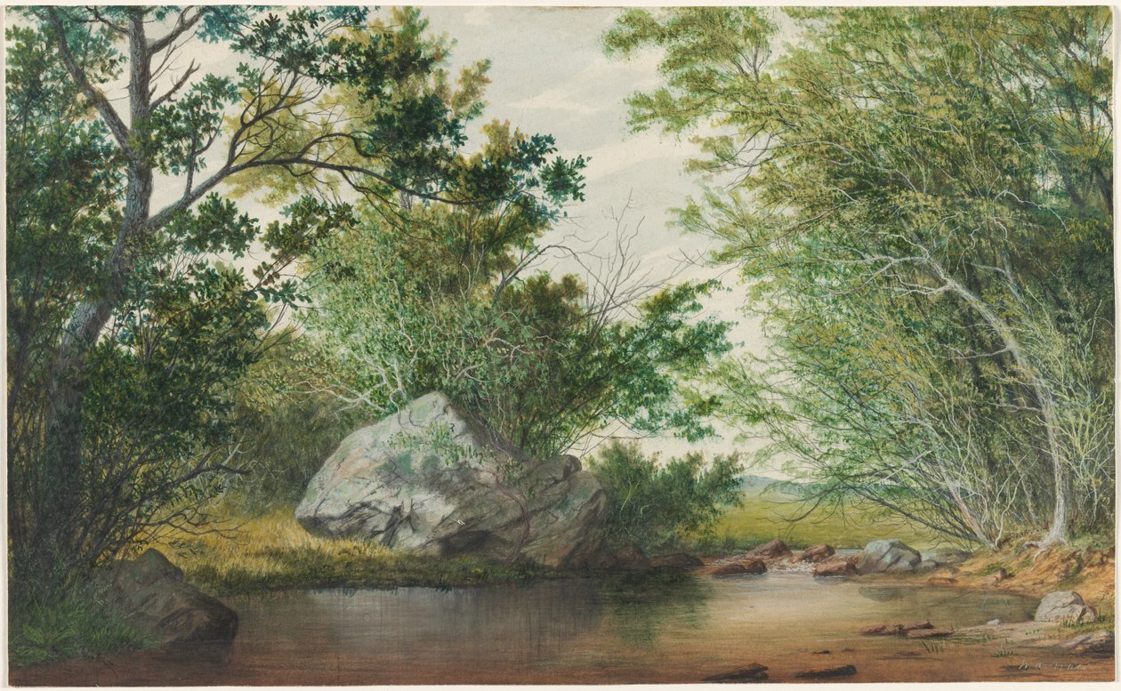 Maisema metsäisen puron ja lohkareen kanssa, c. 1880-luku. tekijältä William Allen Wall