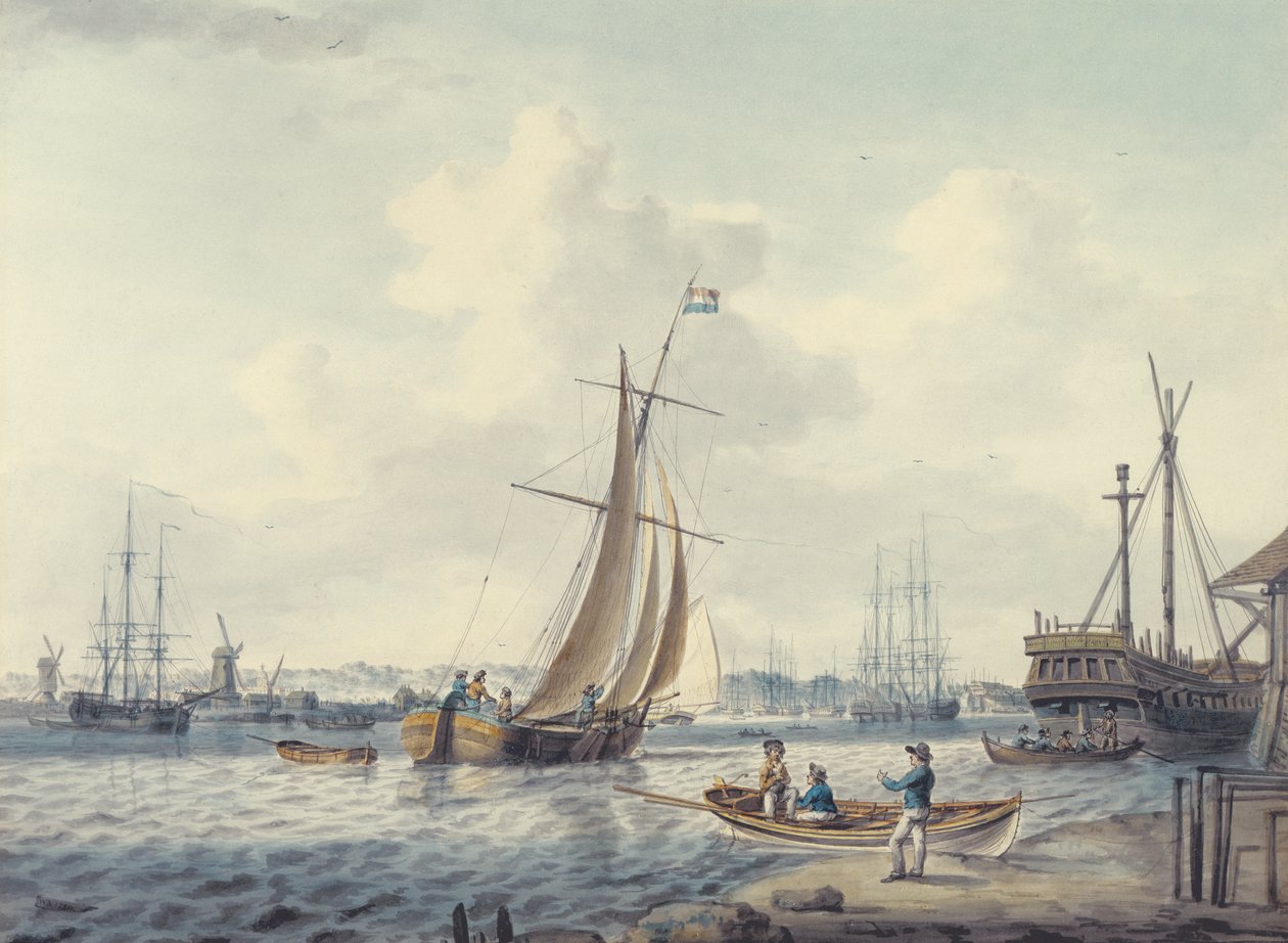 Näkymä Greenwichiin ja Deptfordiin, jossa näkyy Royal Naval College ja Royal Dockyard, 1789 (wc) tekijältä William Anderson