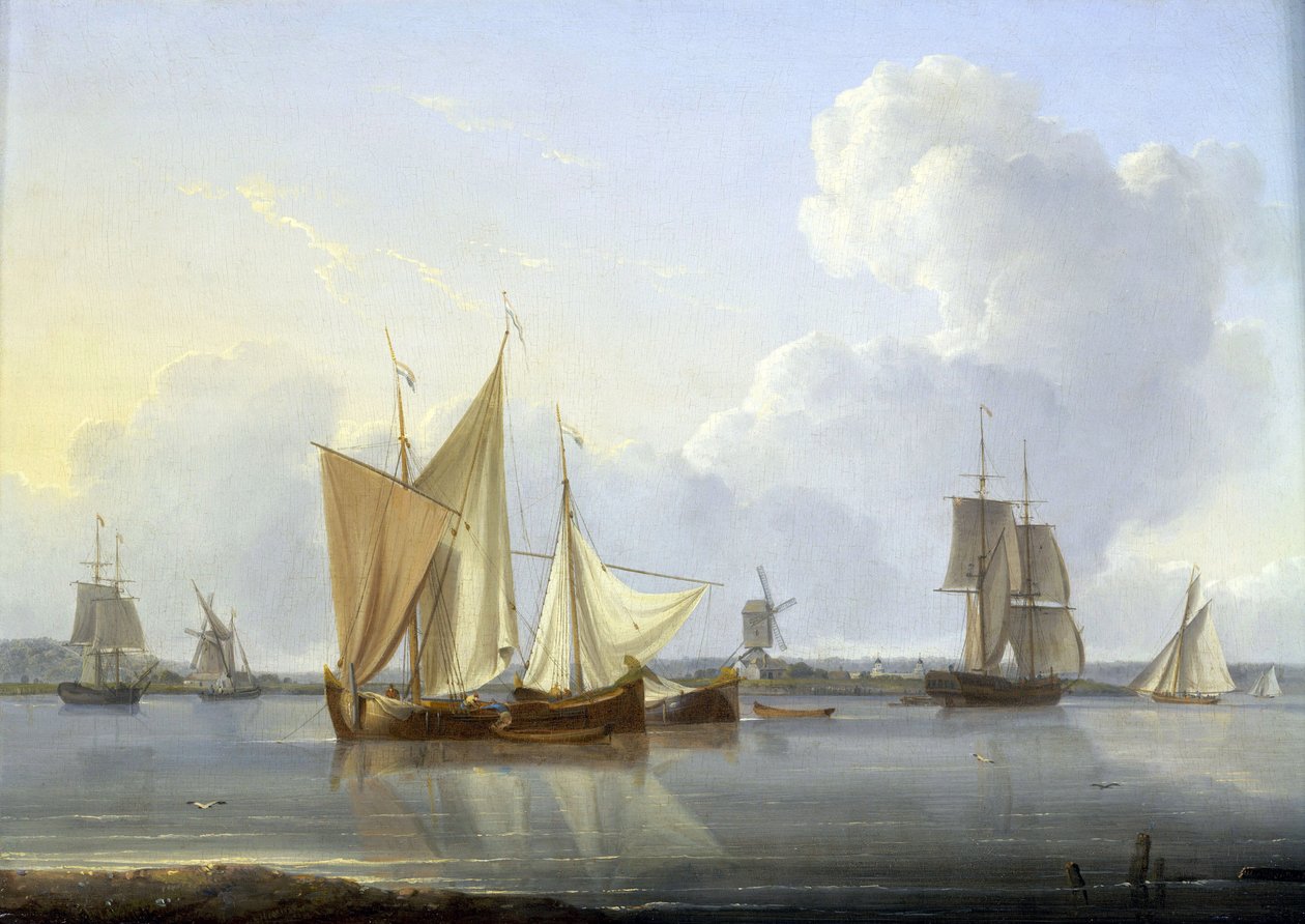 Saapuminen Limehouseen, Lontooseen (Englanti), useita veneitä Thamesilla ja mylly rannalla, oikealla Greenwichin sairaala. William Andersonin (1750-1778) öljy kankaalle, noin 1820. tekijältä William Anderson