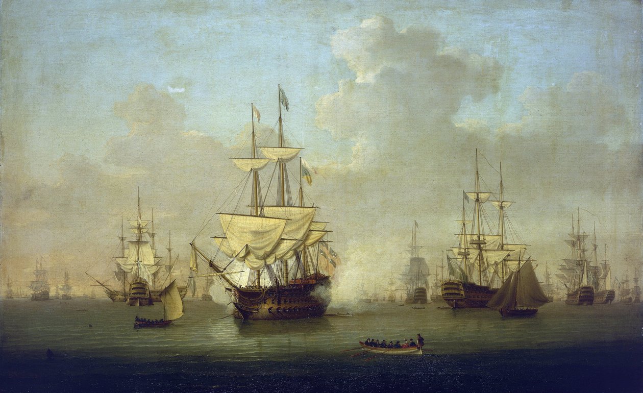 Queen Charlotte, uusi 104-tykkinen sota-alus, Spitheadissa (Englanti) 1790, Ranskan vapaussotien (1793-1802) aattona. tekijältä William Anderson
