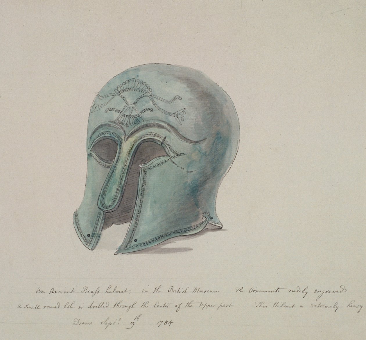 Muinainen messinkikypärä British Museumista, Holborn, Lontoo, 1784 tekijältä William Angus