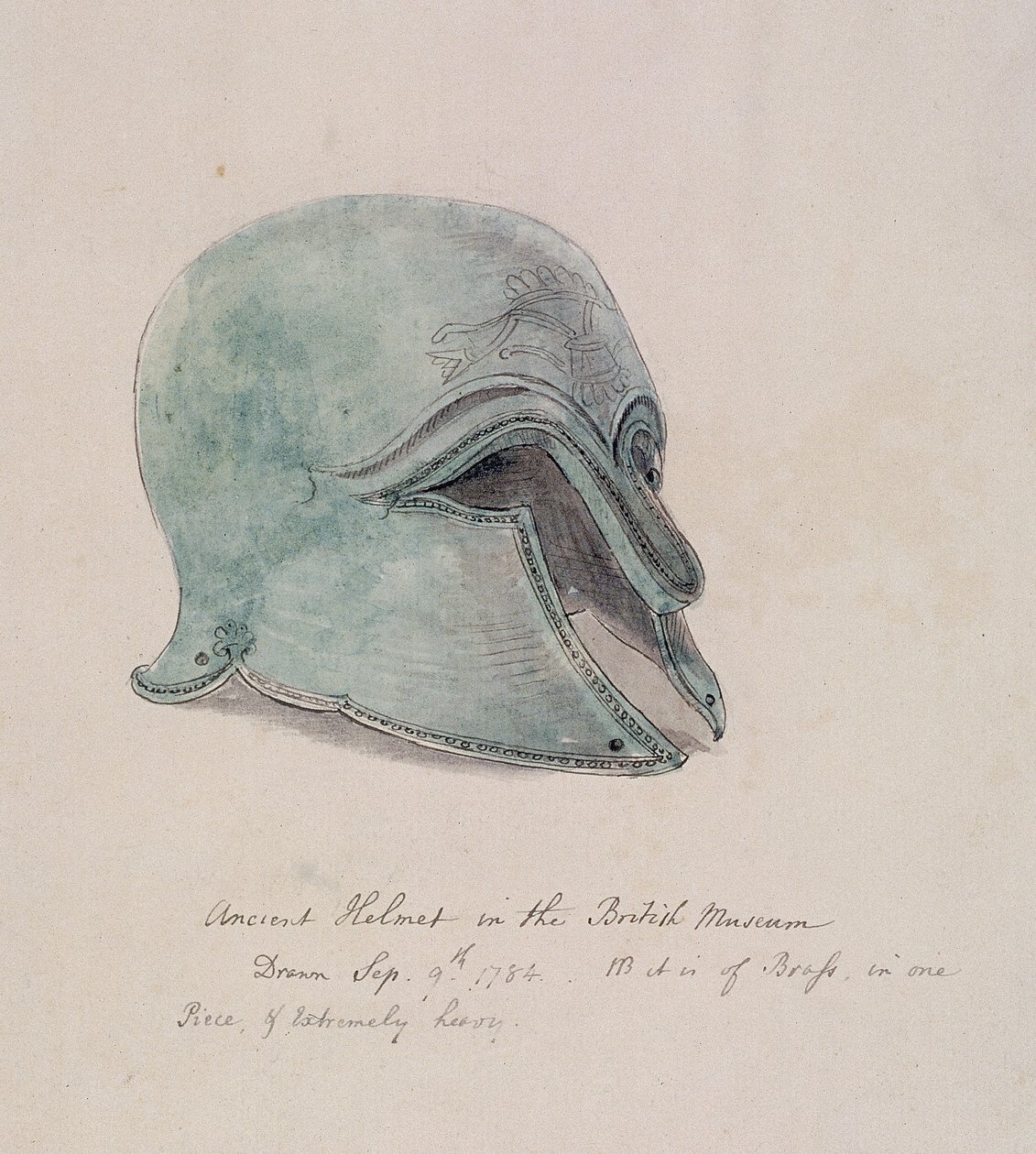 Muinainen messinkikypärä British Museumista, Holborn, Lontoo, 1784 tekijältä William Angus