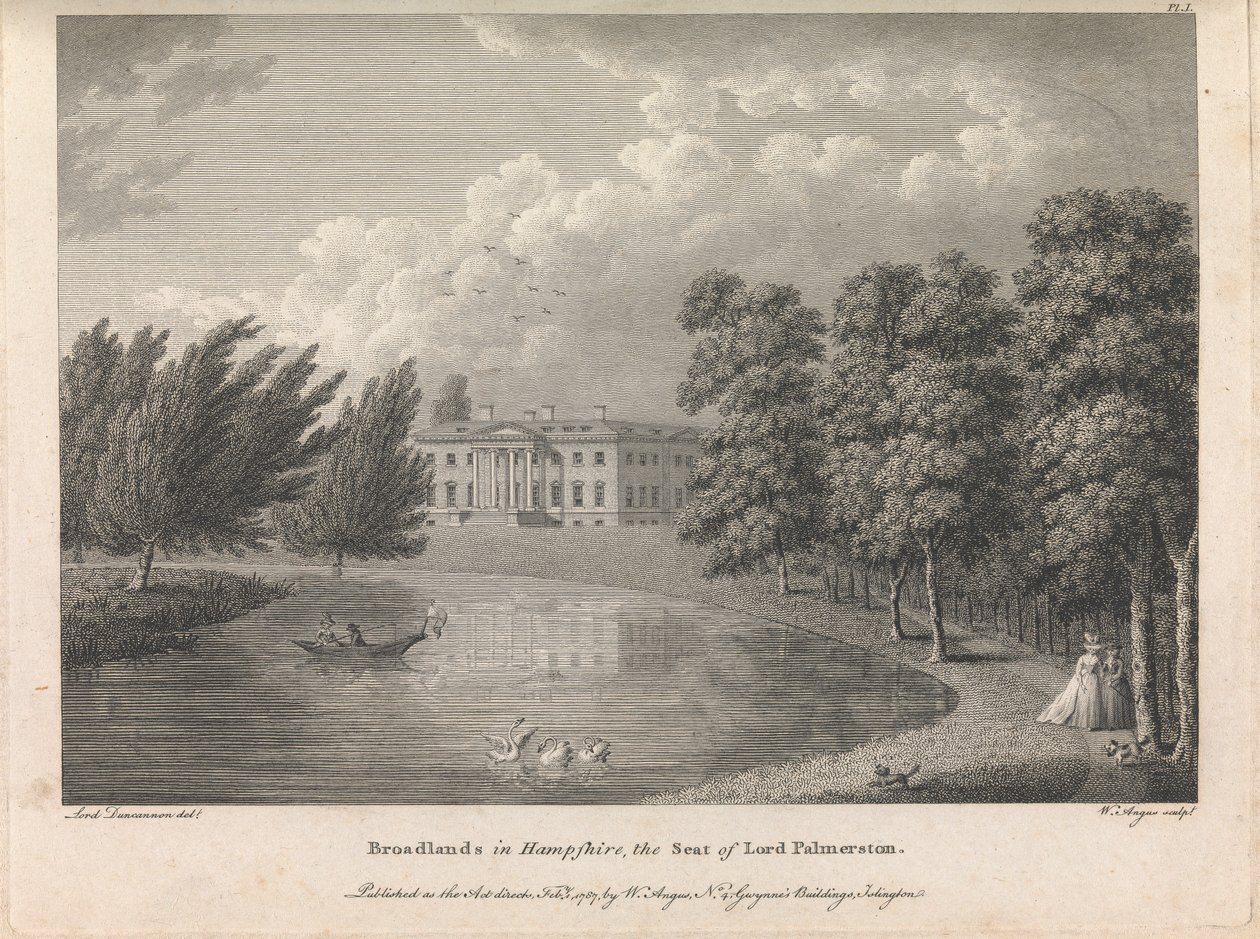 Broadlands in Hampshire, Lord Palmerstonin kotipaikka (julkaisija W. Angus), levy 1; sivu 42 (Nide 1) tekijältä William Angus