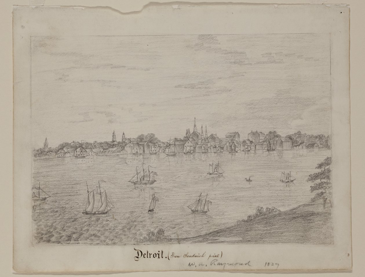 Detroit, n. 1837 (grafiittikynä valkoisella kudottupaperilla) tekijältä William Asa Raymond