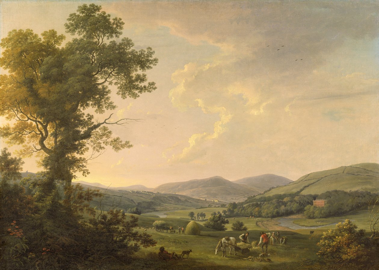 Maisema heinäntekijöiden kanssa ja kaukainen näkymä Yrjöjen aikaiseen taloon, n. 1780 (öljy kankaalle) tekijältä William Ashford
